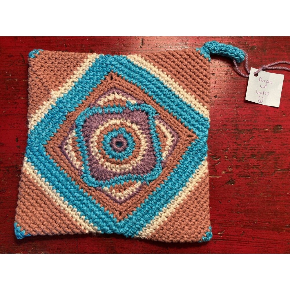 PURPLE CAT CRAFTS Handmade Crocheted Trivet Potholder Hot Pad Square Geometric
